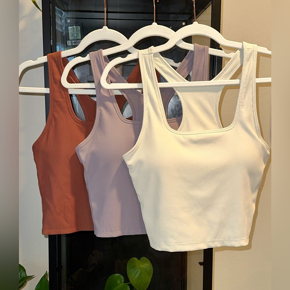 Set of Three Ribbed Square Neck Tank Tops in Rust, Lavender, and Cream